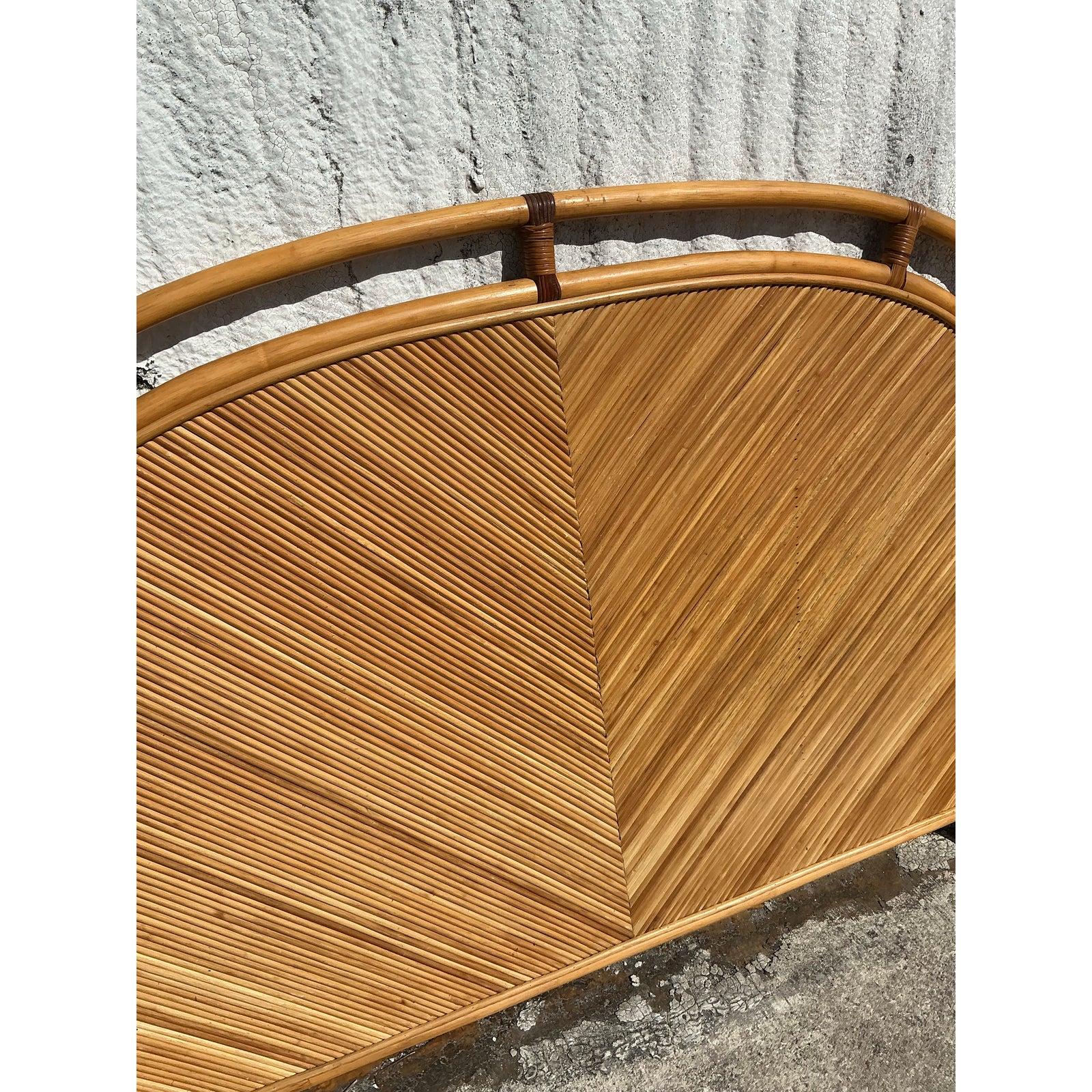 Vintage Coastal Chevron Pencil Reed Queen Headboard In Good Condition For Sale In west palm beach, FL