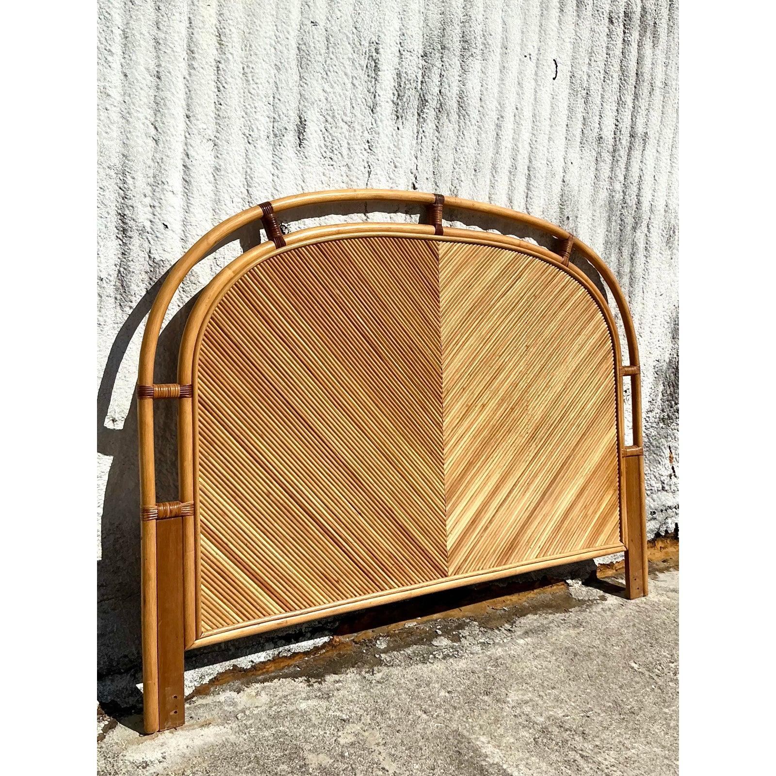 20th Century Vintage Coastal Chevron Pencil Reed Queen Headboard For Sale