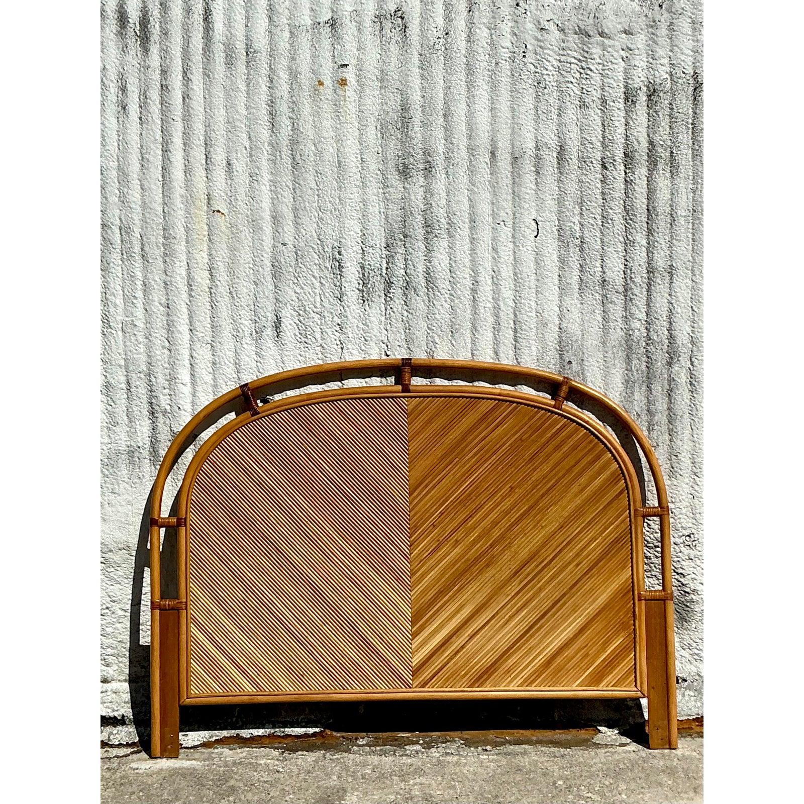Vintage Coastal Chevron Pencil Reed Queen Headboard For Sale 1