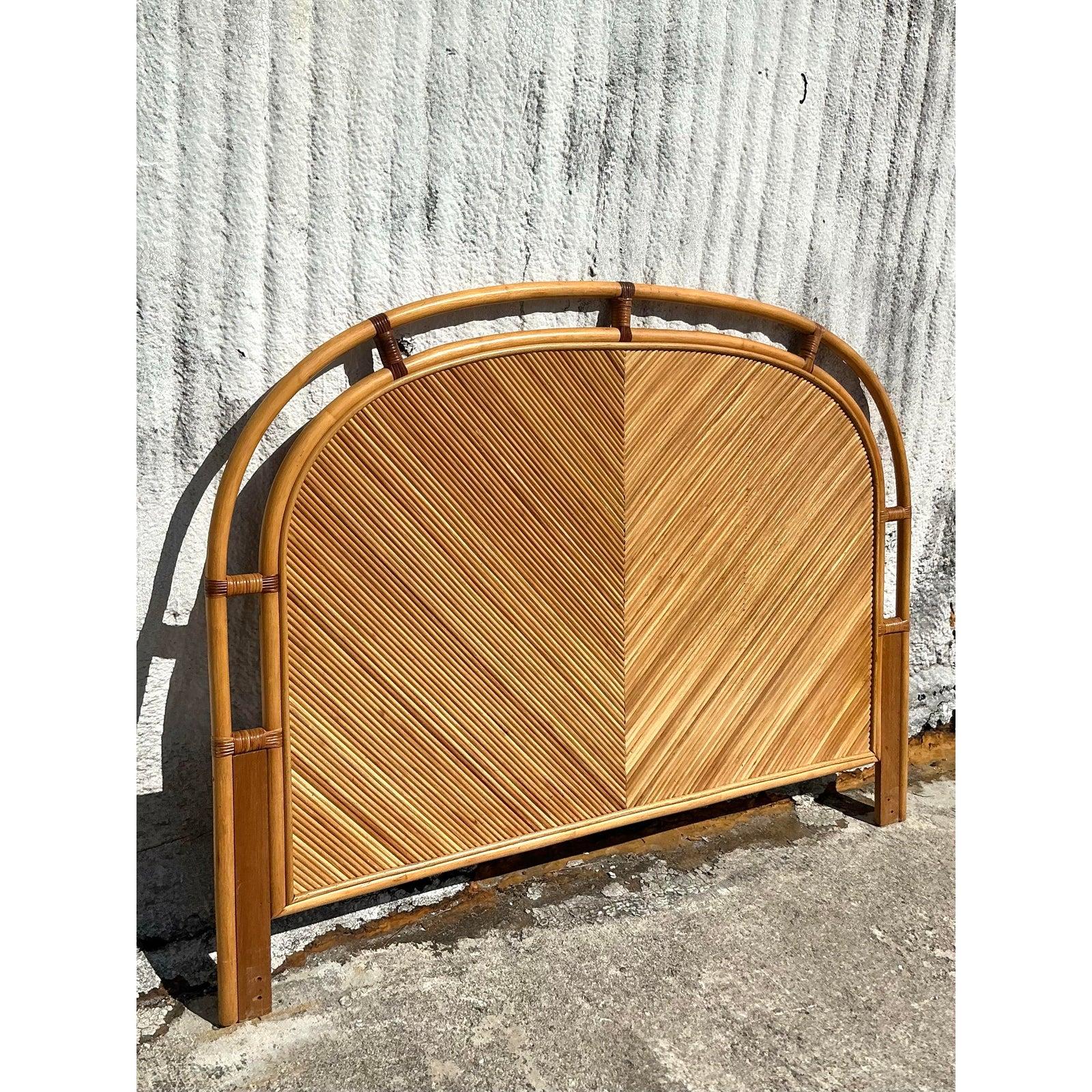 Vintage Coastal Chevron Pencil Reed Queen Headboard For Sale 3