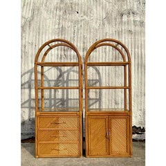 Vintage Coastal Chevron Rattan Arched Etagere - a Pair
