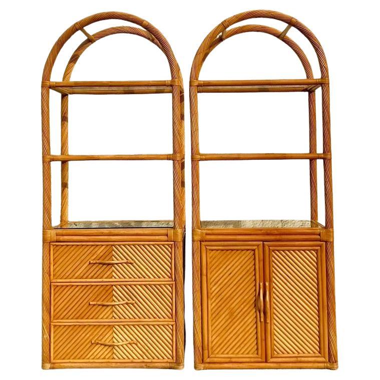 Vintage Coastal Chevron Rattan Arched Etagere - a Pair