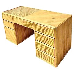 Vintage Coastal Chevron Rattan Executive Desk