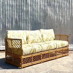 Vintage Coastal Chevron Rattan Fern Print Sofa