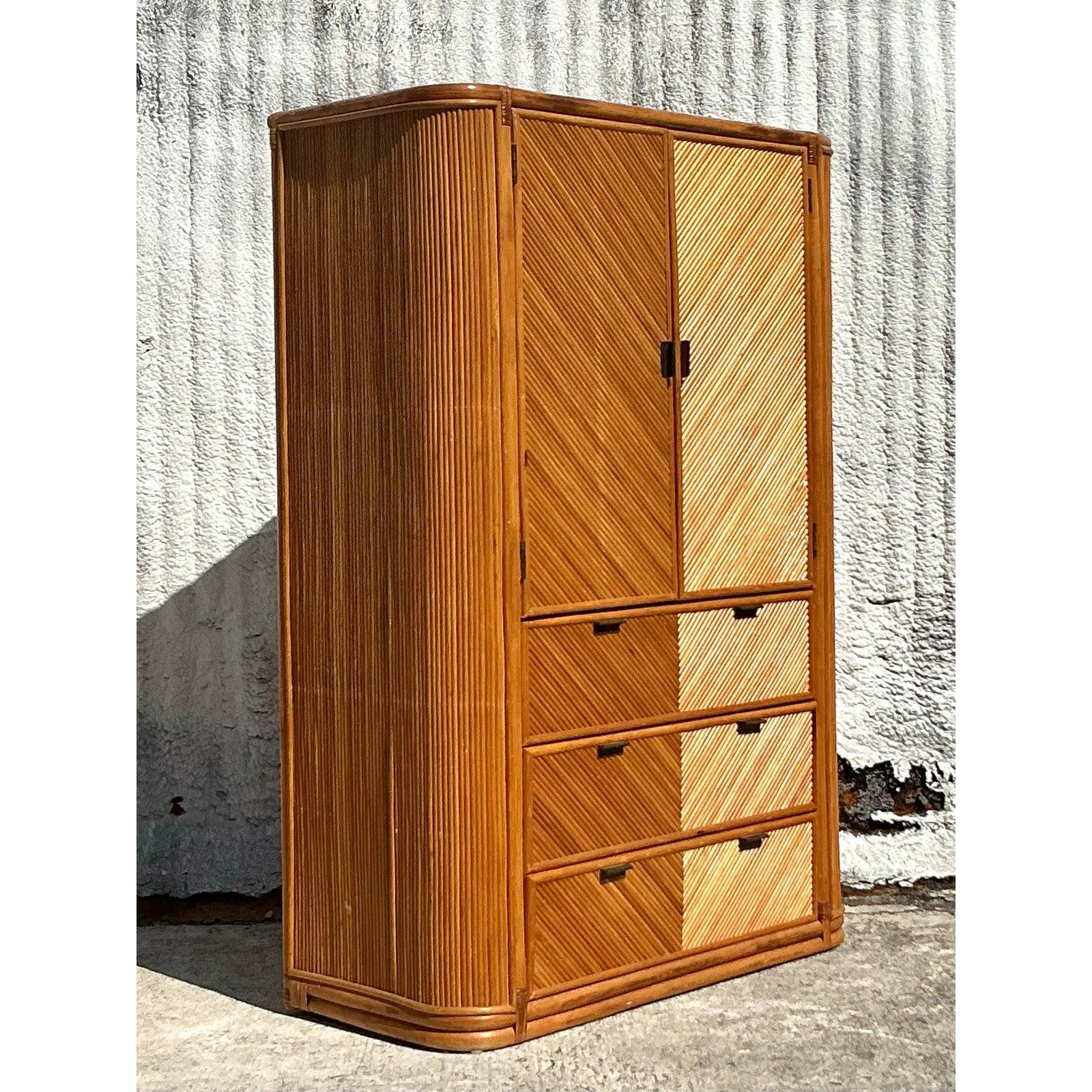 Philippine Vintage Coastal Chevron Reed Armoire For Sale