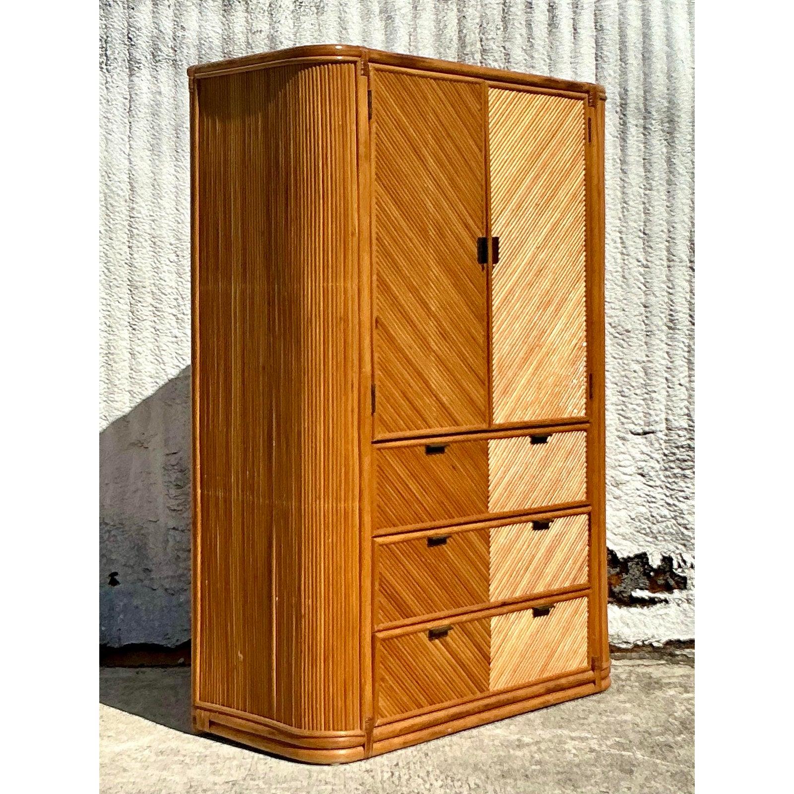 Vintage Coastal Chevron Reed Armoire In Good Condition For Sale In west palm beach, FL