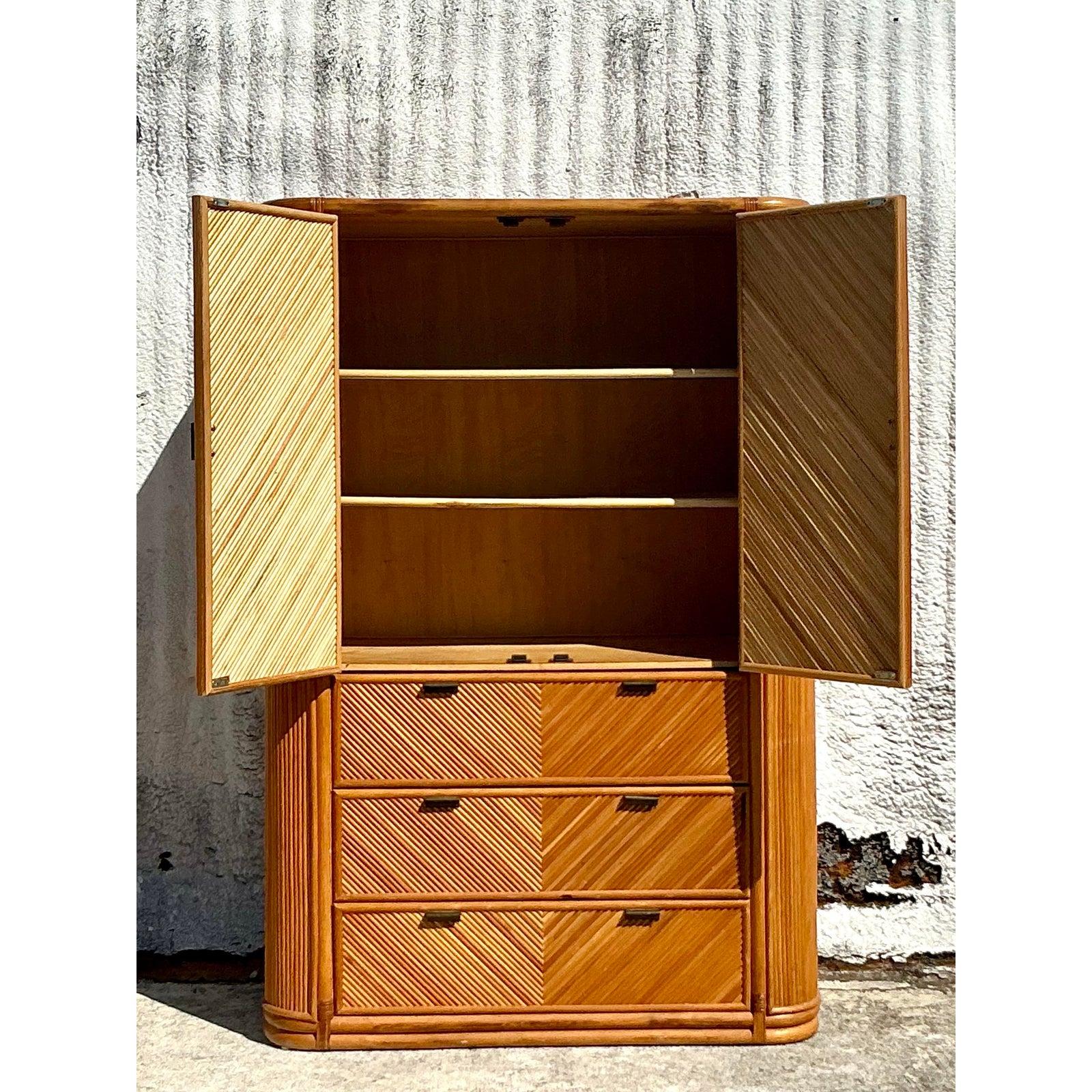 20th Century Vintage Coastal Chevron Reed Armoire For Sale