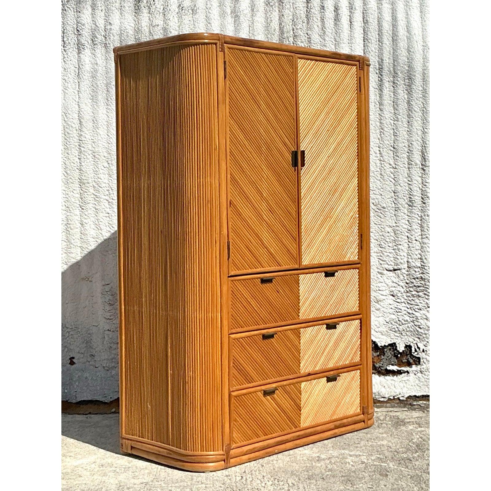 Rattan Vintage Coastal Chevron Reed Armoire For Sale