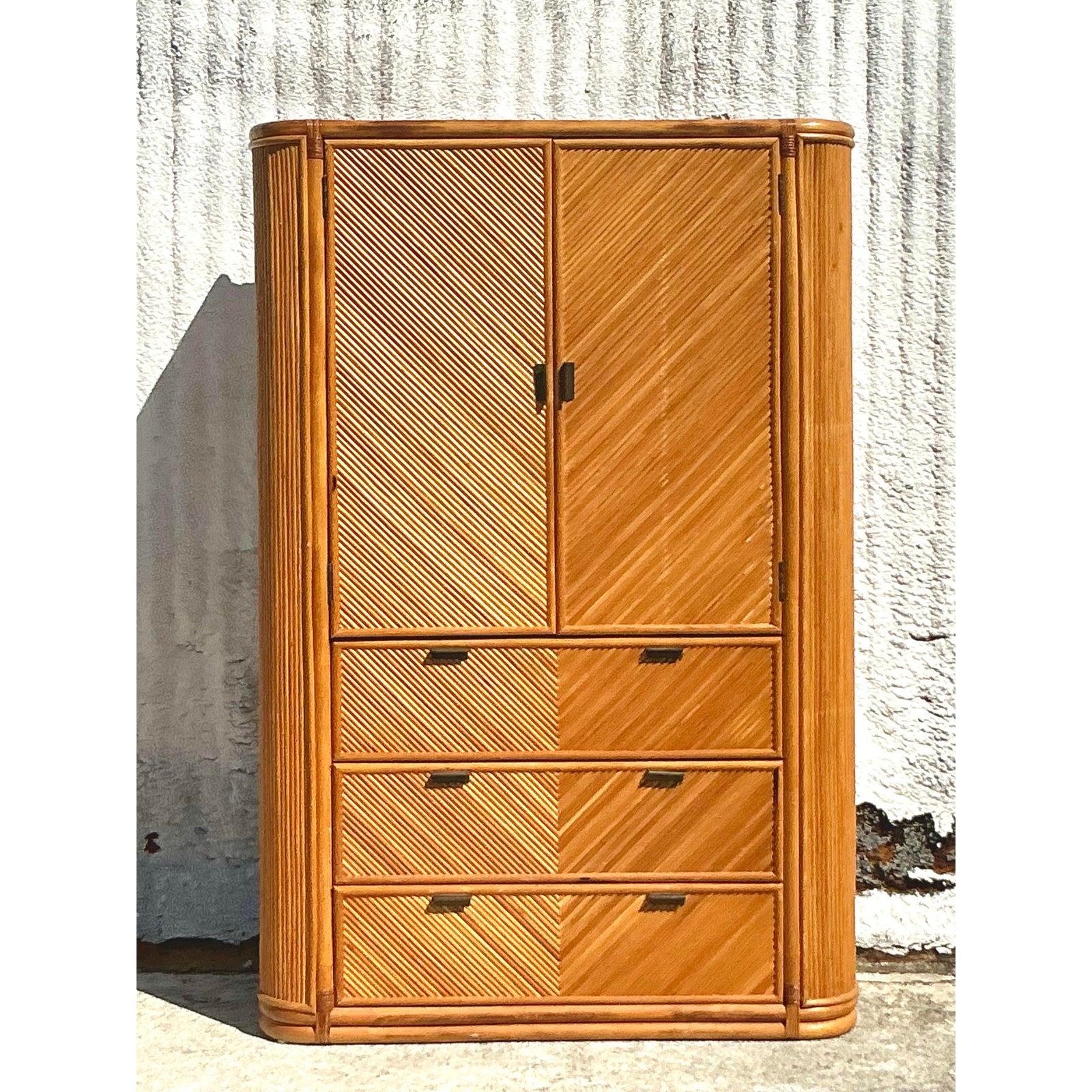 Vintage Coastal Chevron Reed Armoire For Sale 1