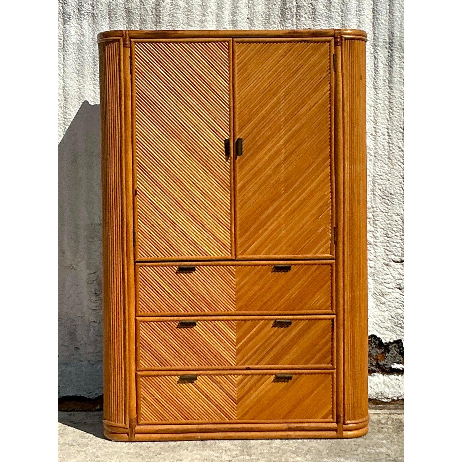 Vintage Coastal Chevron Reed Armoire For Sale 2