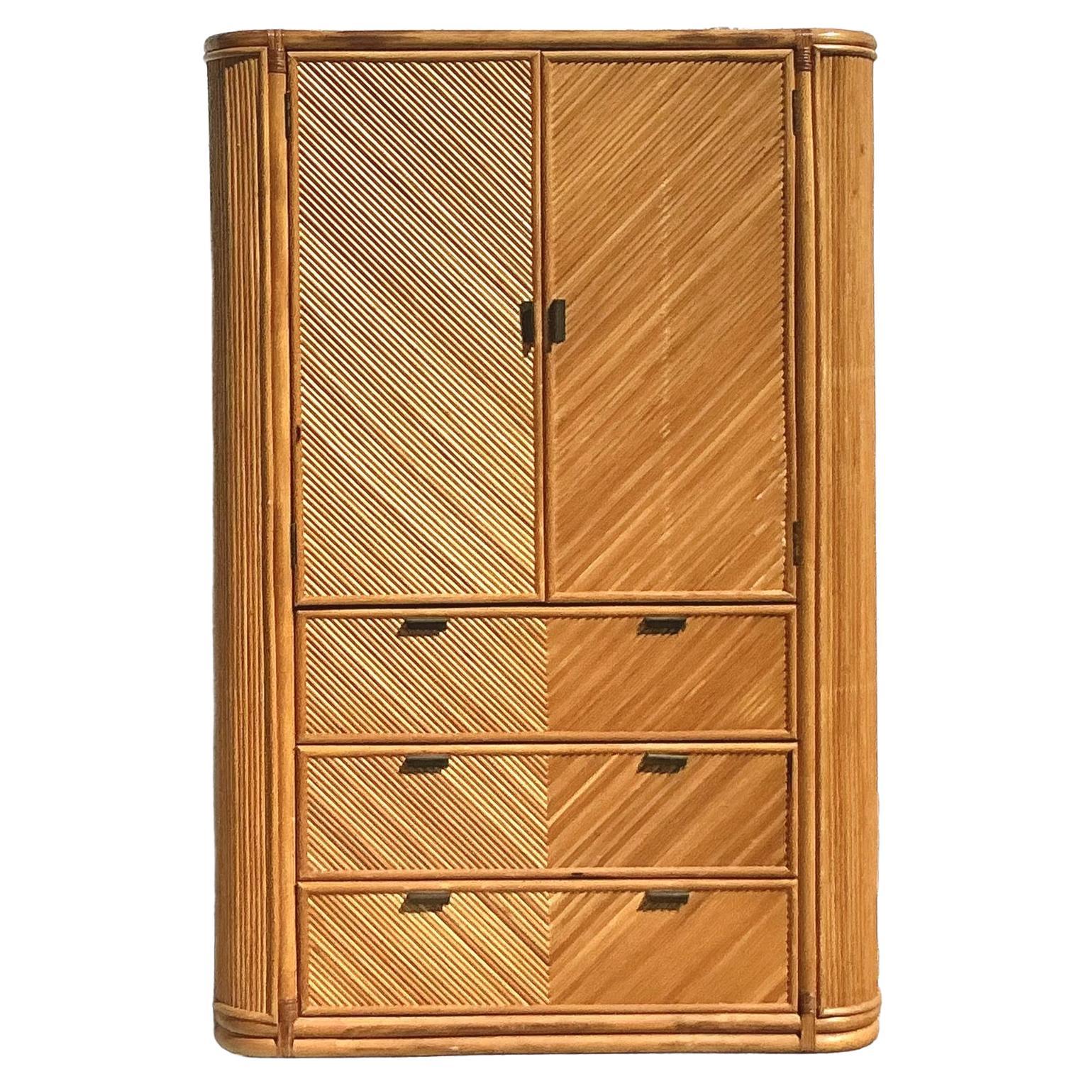 Vintage Coastal Chevron Reed Armoire