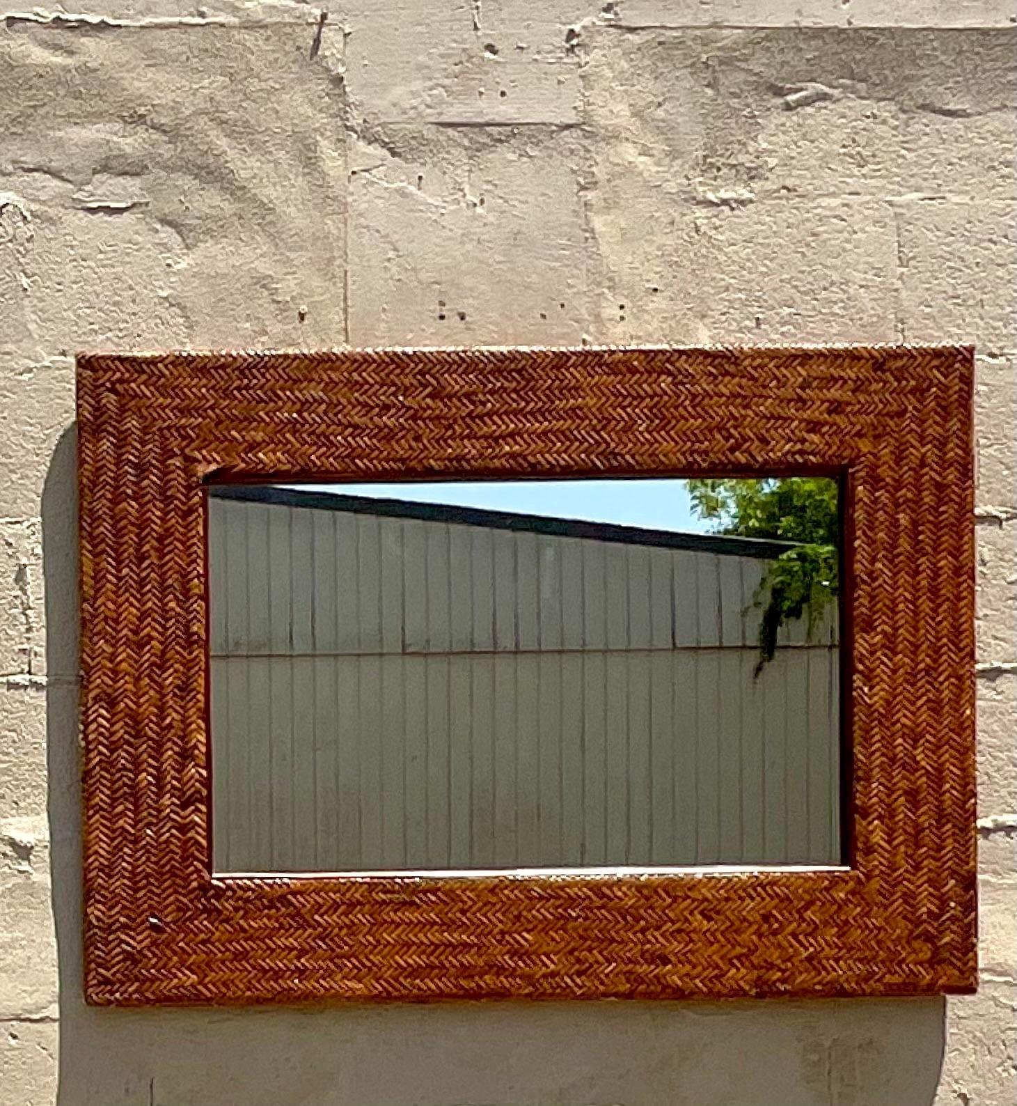 Philippine Vintage Coastal Chevron Weave Rattan Horizontal Mirror For Sale