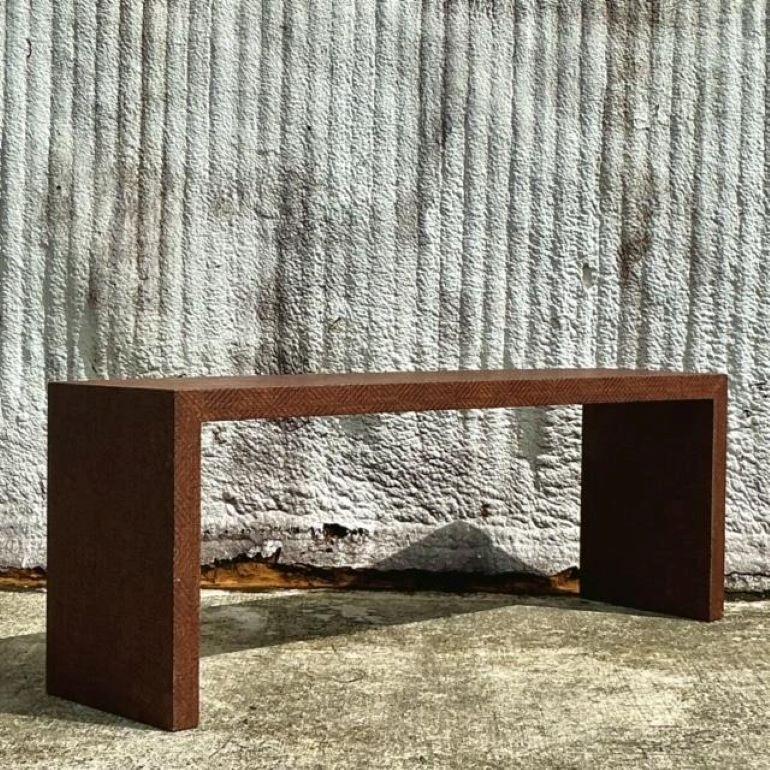 American Vintage Coastal Chevron Woven Rattan Console Table For Sale