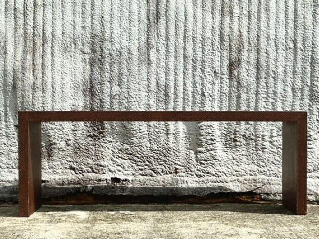 Vintage Coastal Chevron Woven Rattan Console Table In Good Condition For Sale In west palm beach, FL