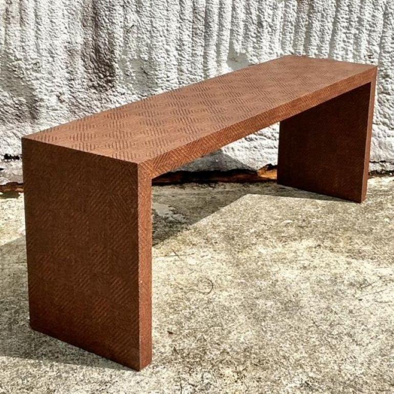 20th Century Vintage Coastal Chevron Woven Rattan Console Table For Sale