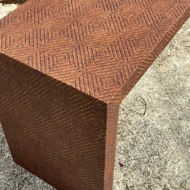 Vintage Coastal Chevron Woven Rattan Console Table For Sale 2