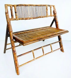 Vintage Coastal Chic Rattan, Reed Folding Bench, Rich Patina, Well-constructed