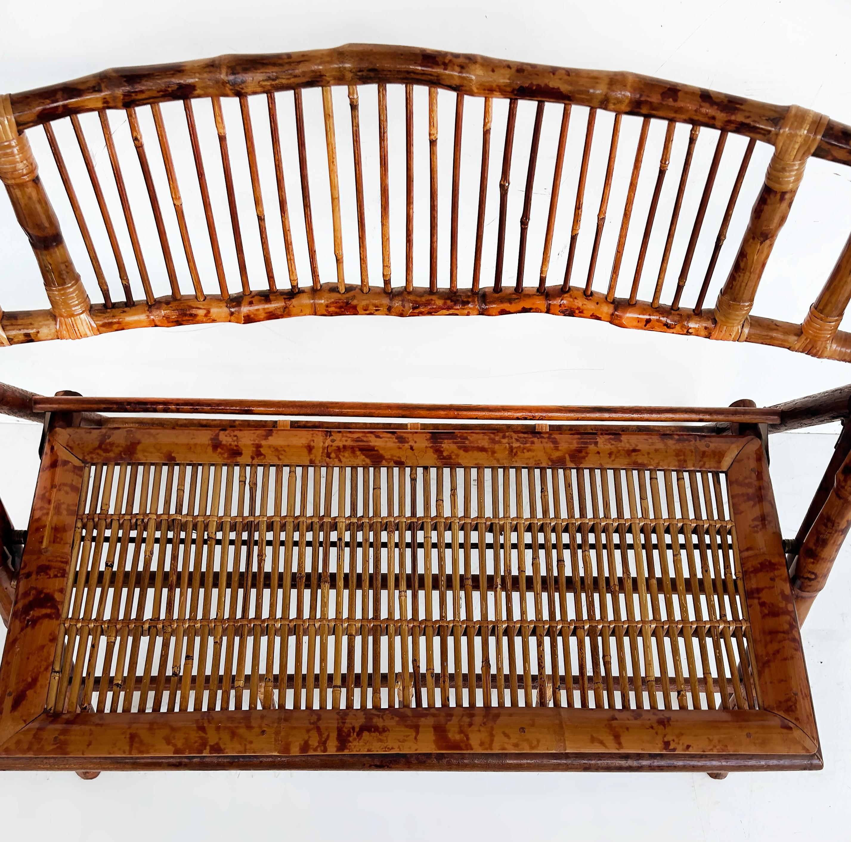 Vintage Coastal Chic Rattan, Reed Folding Bench, Rich Patina, Well-constructed 3