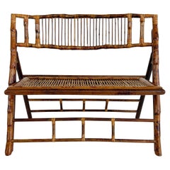 Vintage Coastal Chic Rattan, Reed Folding Bench, Rich Patina, Well-constructed