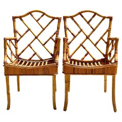 Vintage Coastal Chinese Chippendale Bamboo Chairs, a Pair