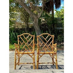 Vintage Coastal Chinese Chippendale Bamboo Dining Chairs - a Pair