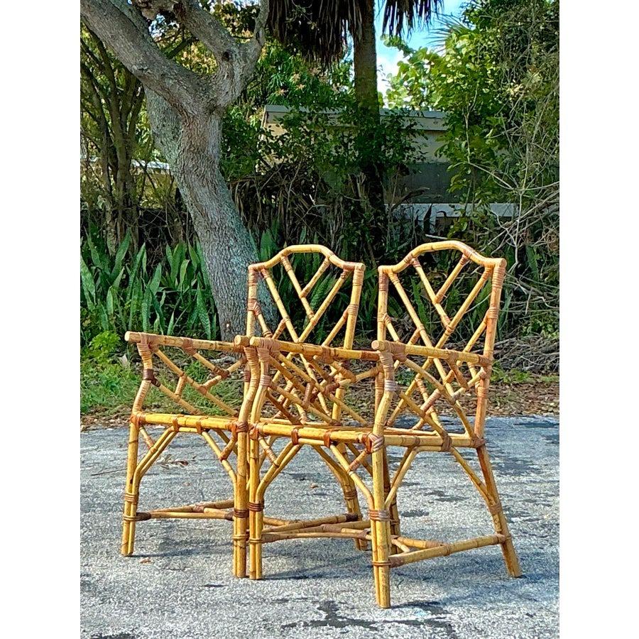 Vintage Coastal Chinese Chippendale Bamboo Dining Chairs - a Pair In Good Condition For Sale In west palm beach, FL