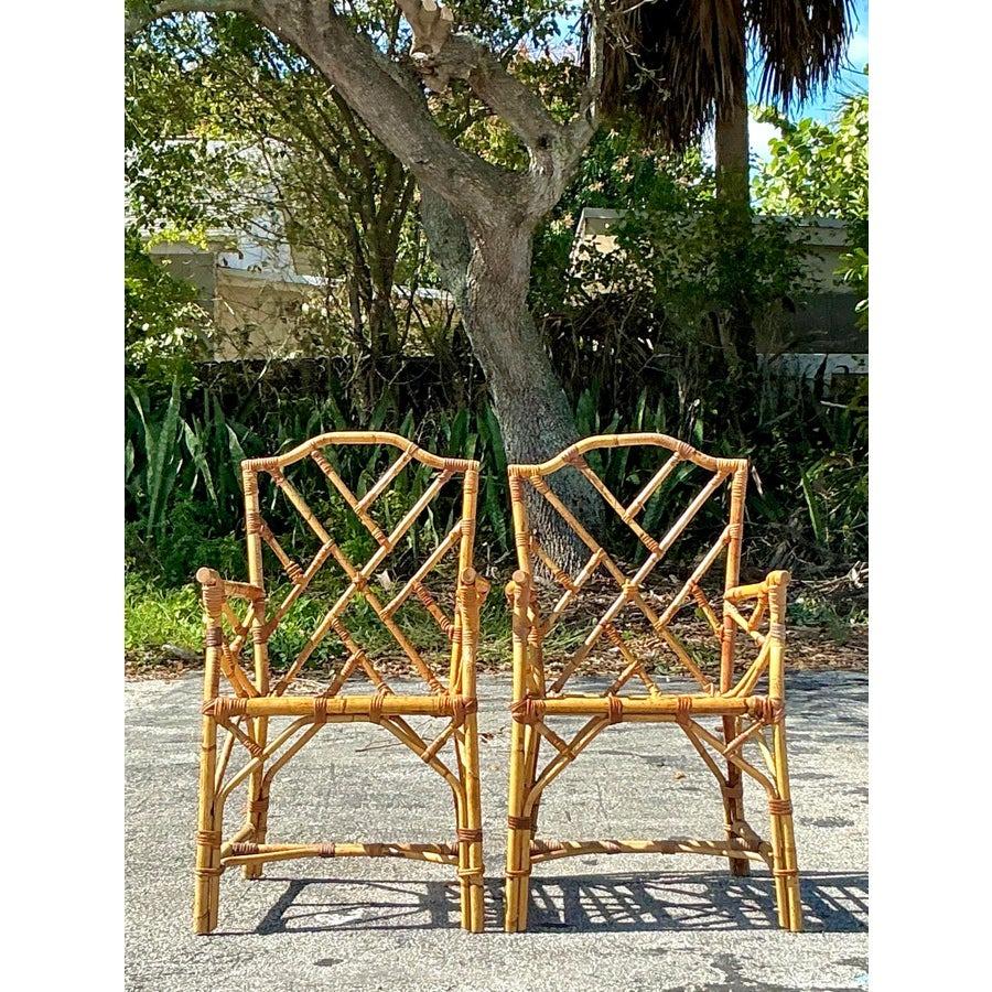 20th Century Vintage Coastal Chinese Chippendale Bamboo Dining Chairs - a Pair For Sale