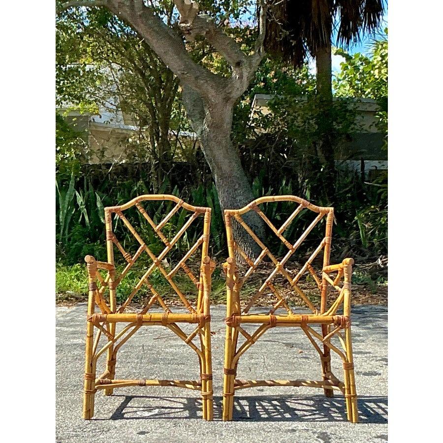 Vintage Coastal Chinese Chippendale Bamboo Dining Chairs - a Pair For Sale 1