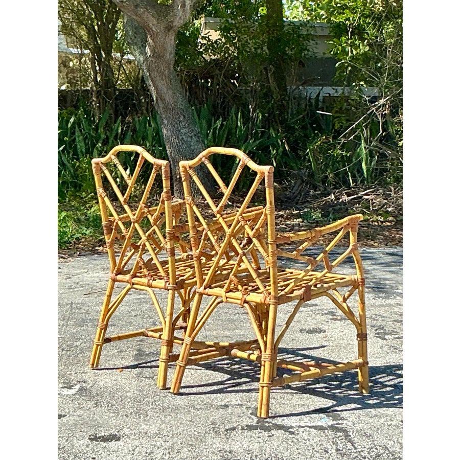 Vintage Coastal Chinese Chippendale Bamboo Dining Chairs - a Pair For Sale 2