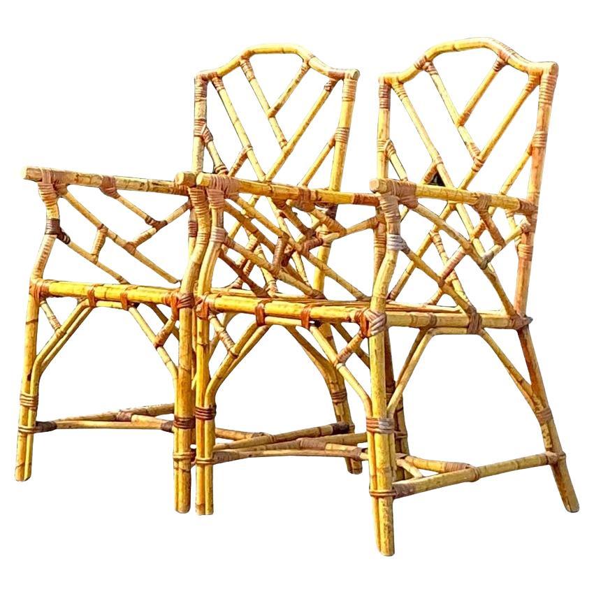 Vintage Coastal Chinese Chippendale Bamboo Dining Chairs - a Pair