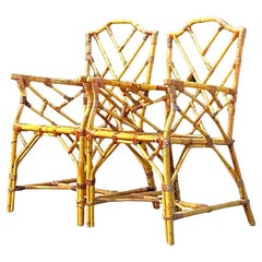 Vintage Coastal Chinese Chippendale Bamboo Dining Chairs - a Pair