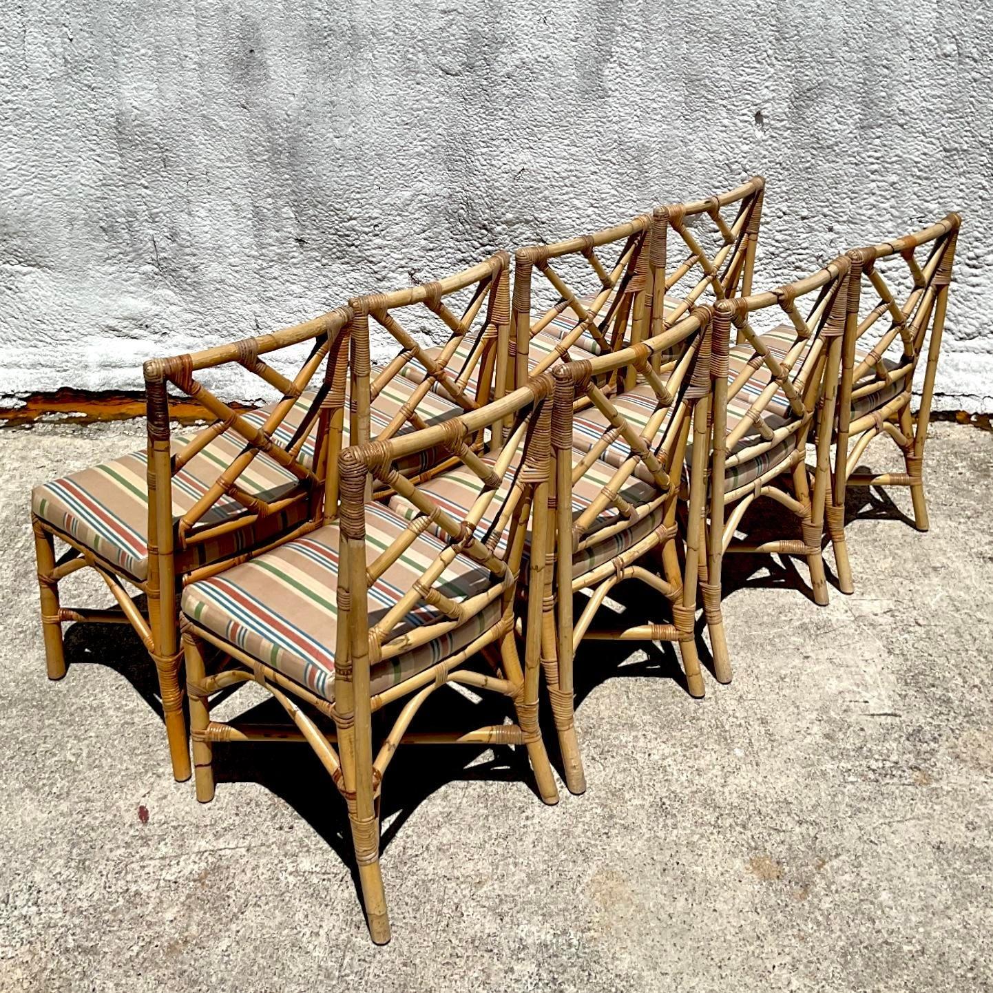 Upgrade your dining experience with this set of eight Vintage Coastal Chinese Chippendale Bamboo Dining Chairs. Crafted with American ingenuity, these chairs feature classic Chinese Chippendale design elements and sturdy bamboo construction, adding