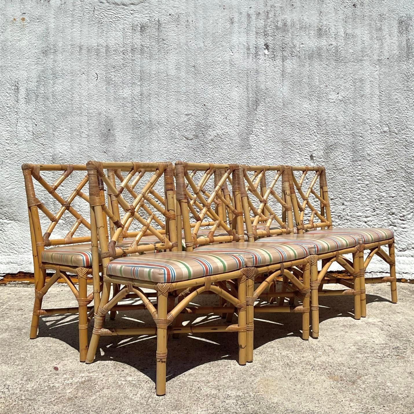 Philippine Vintage Coastal Chinese Chippendale Bamboo Dining Chairs - Set of 8