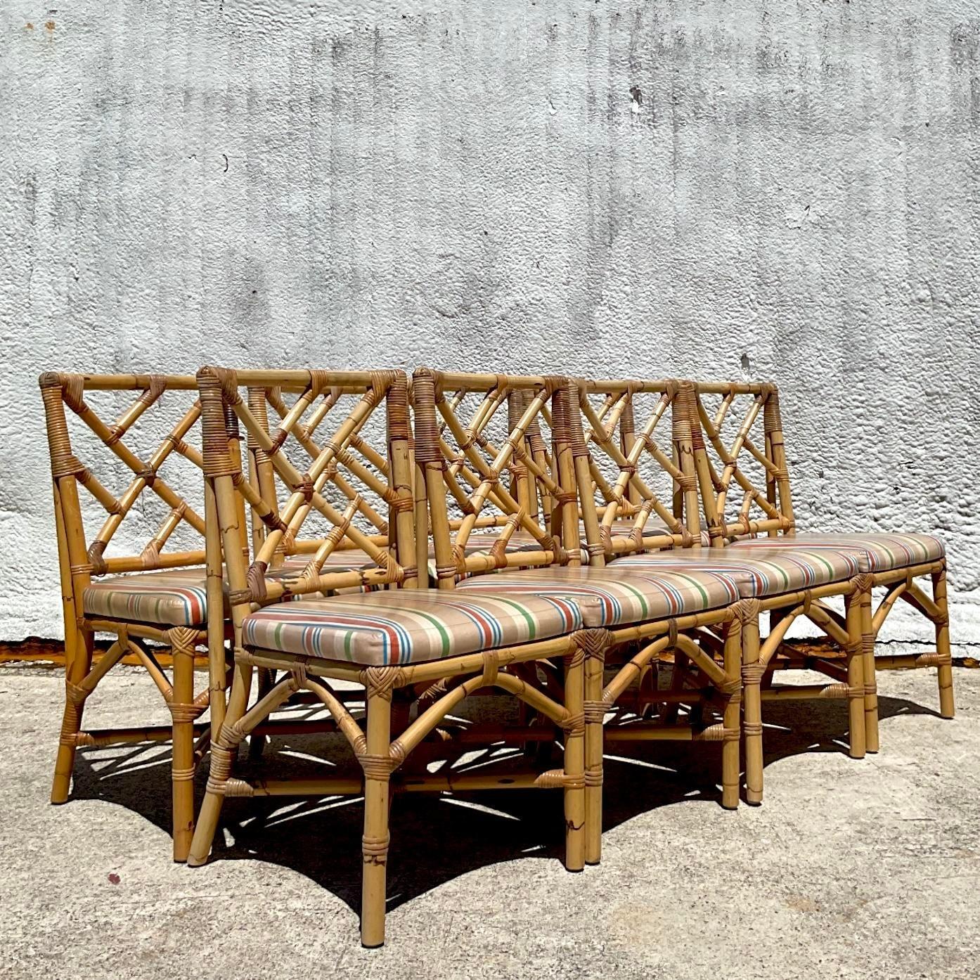 Vintage Coastal Chinese Chippendale Bamboo Dining Chairs - Set of 8 In Good Condition In West Palm Beach, FL
