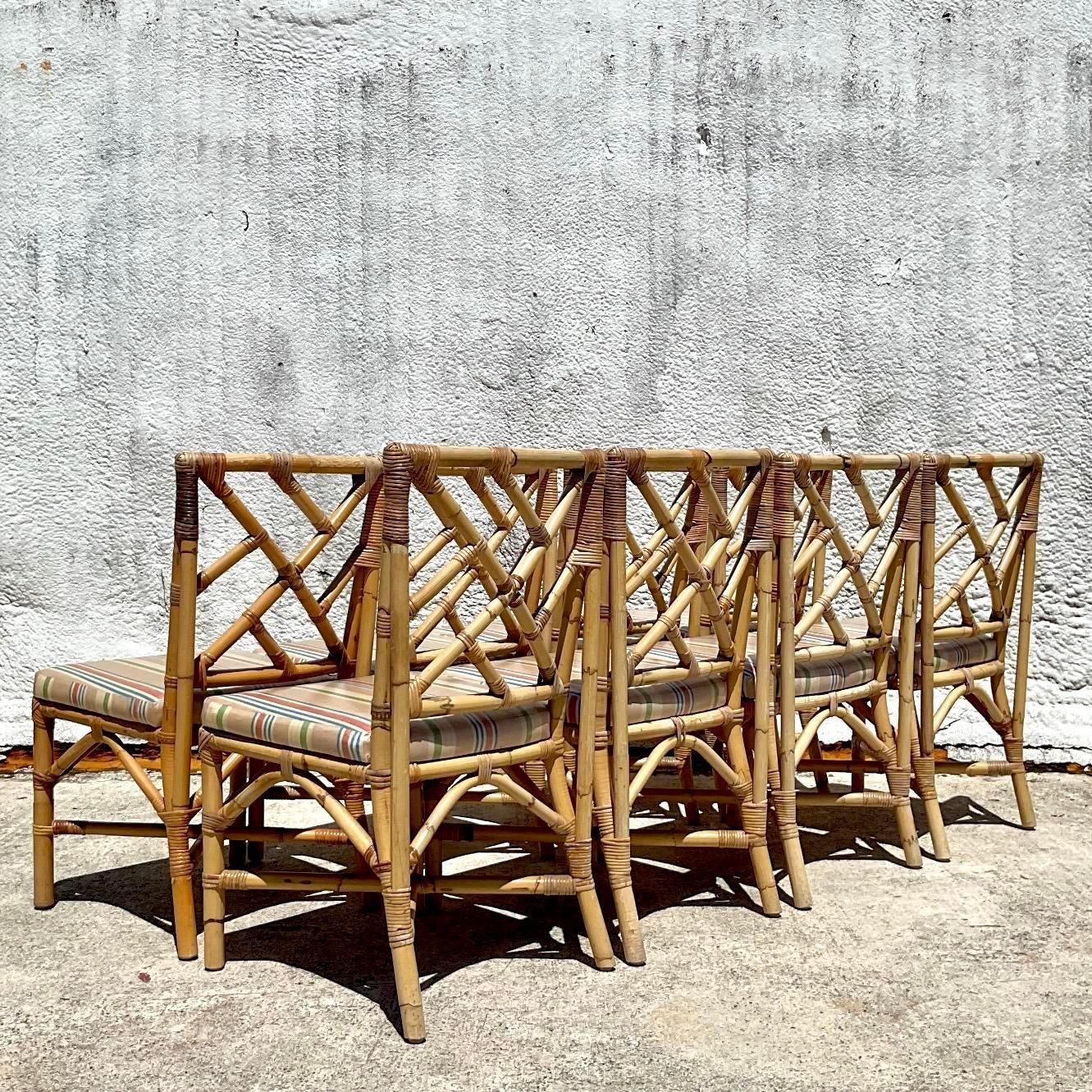 20th Century Vintage Coastal Chinese Chippendale Bamboo Dining Chairs - Set of 8