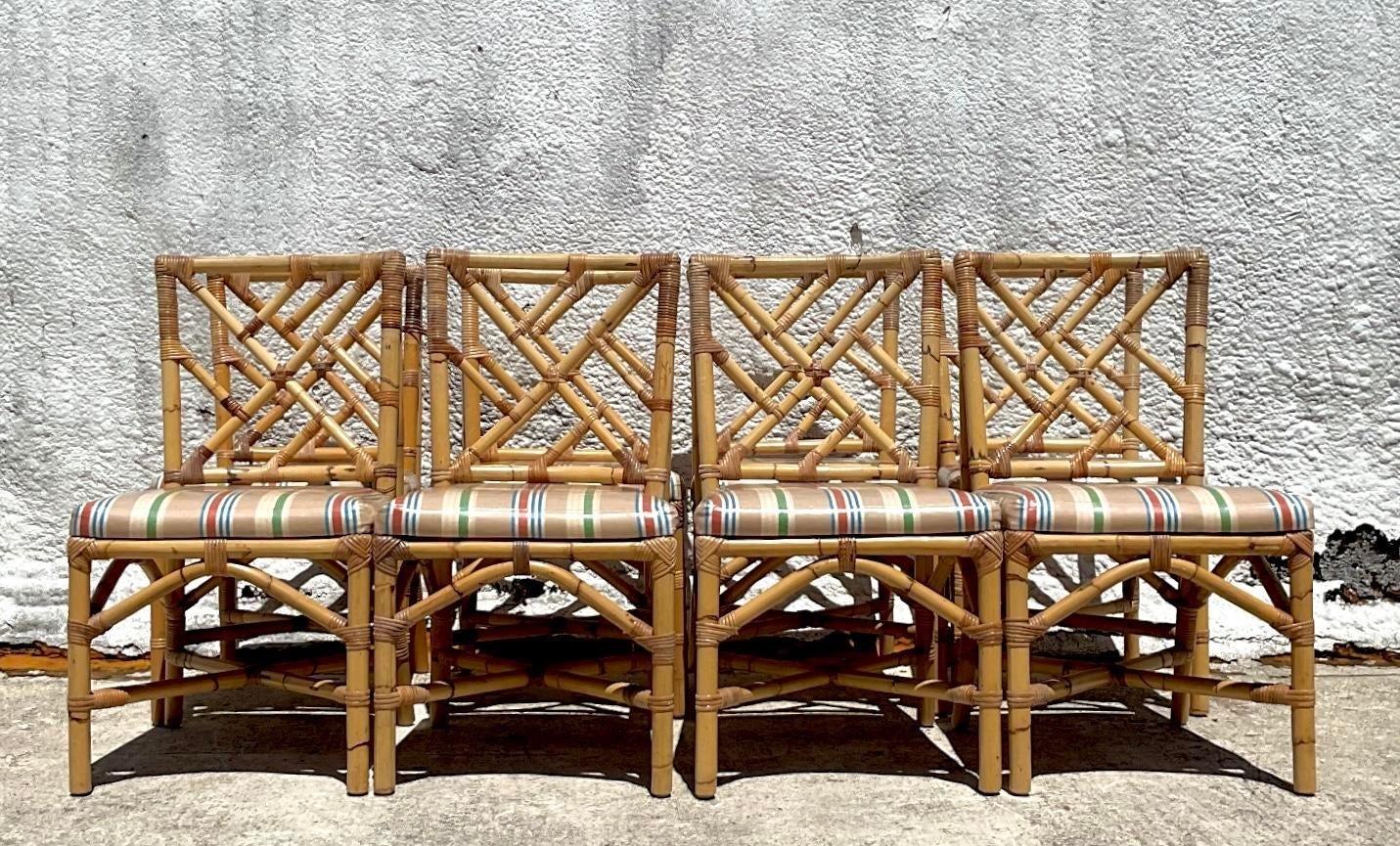 Upholstery Vintage Coastal Chinese Chippendale Bamboo Dining Chairs - Set of 8