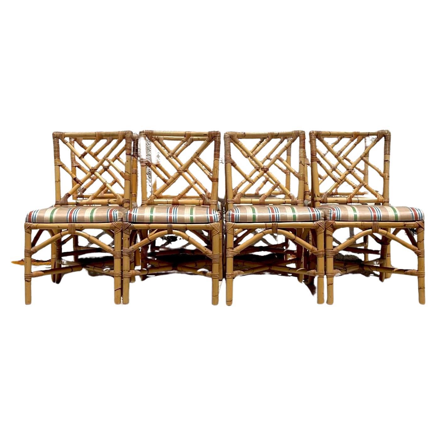 Vintage Coastal Chinese Chippendale Bamboo Dining Chairs - Set of 8
