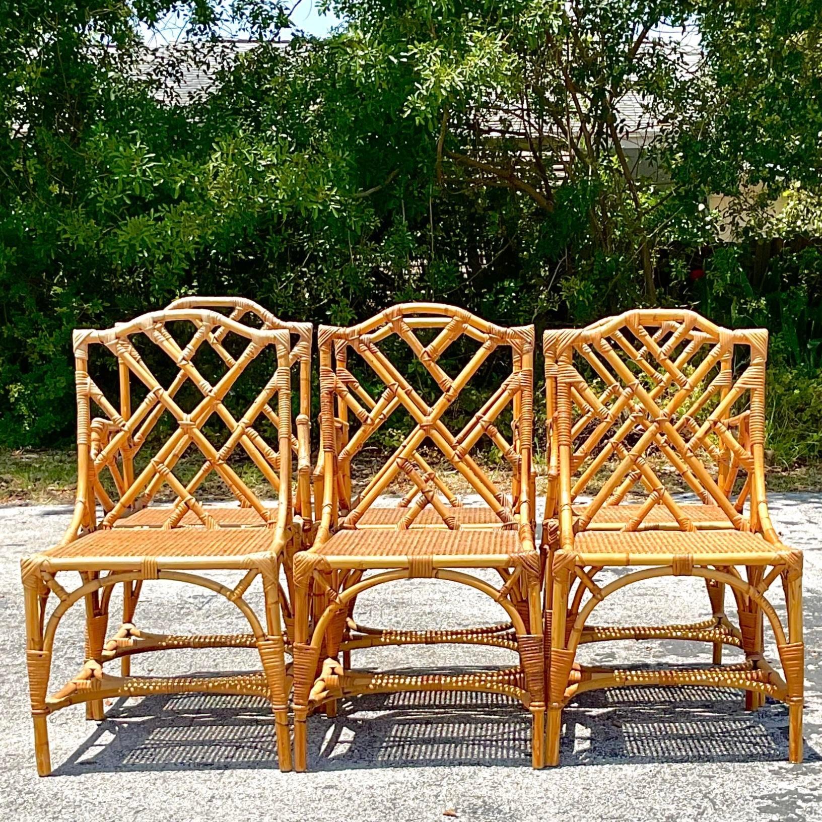 Vintage Coastal Chinese Chippendale Cane Dining Chairs - Set of 6 For Sale 4