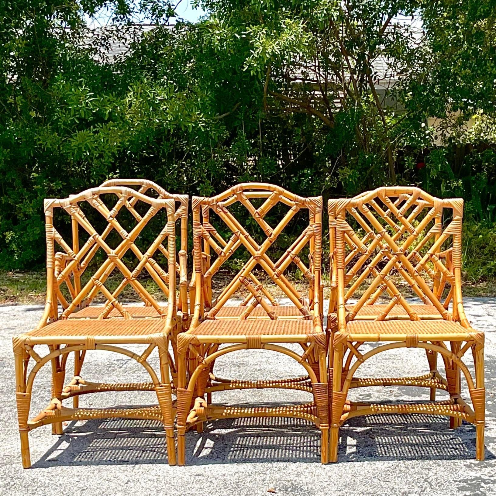Vintage Coastal Chinese Chippendale Cane Dining Chairs - Set of 6 4