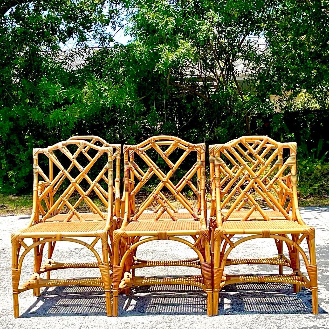 Vintage Coastal Chinese Chippendale Cane Dining Chairs - Set of 6 In Good Condition For Sale In west palm beach, FL
