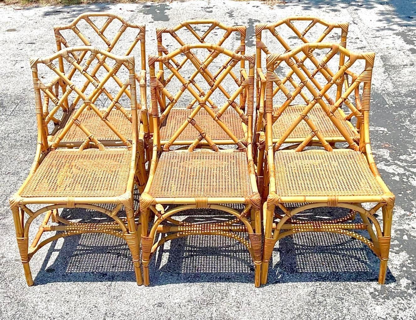 Rattan Vintage Coastal Chinese Chippendale Cane Dining Chairs - Set of 6 For Sale