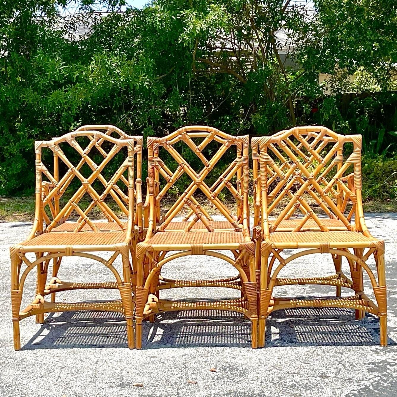 Vintage Coastal Chinese Chippendale Cane Dining Chairs - Set of 6 For Sale 1