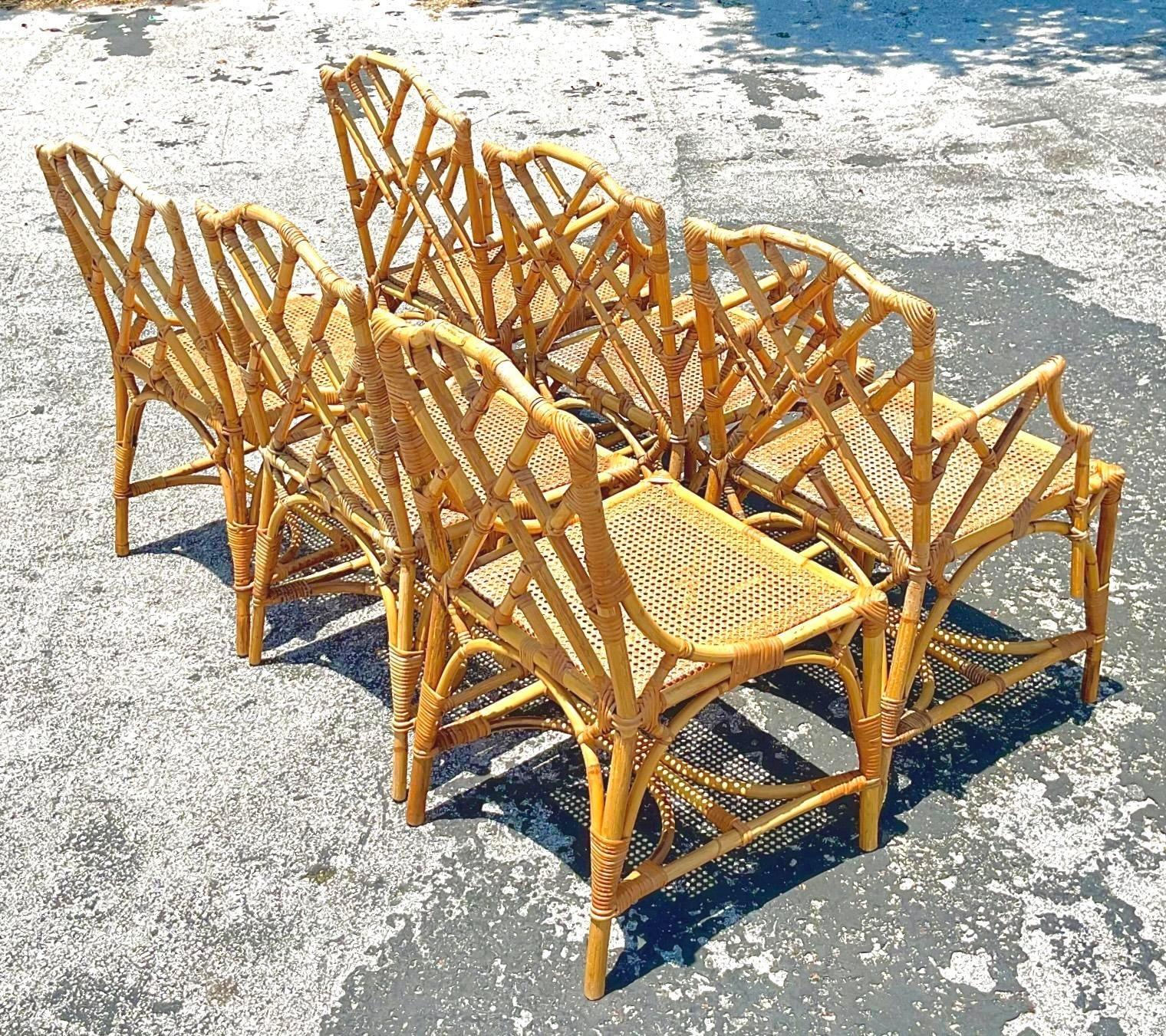 Vintage Coastal Chinese Chippendale Cane Dining Chairs - Set of 6 3