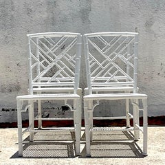 Vintage Coastal Chinese Chippendale Cast Aluminum Dining Chairs - Set of 4