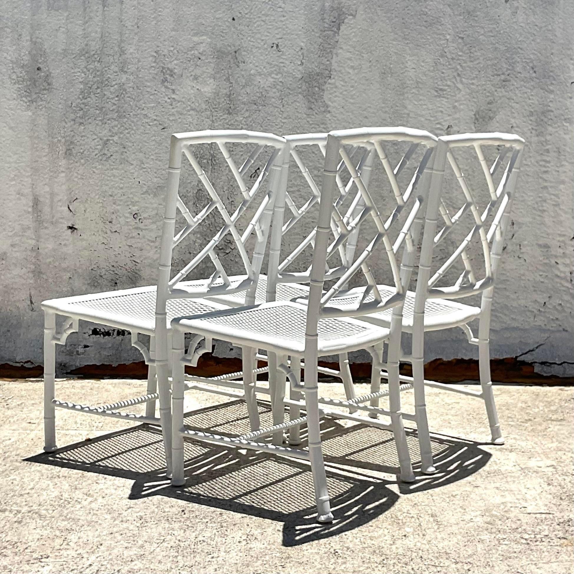 American Vintage Coastal Chinese Chippendale Cast Aluminum Dining Chairs - Set of 4