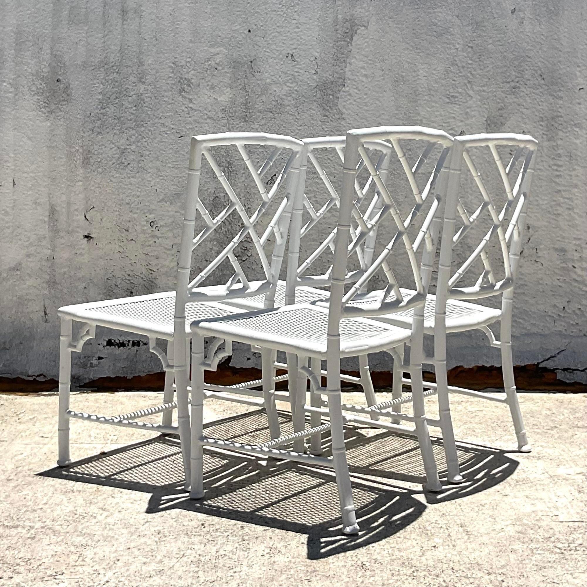 Vintage Coastal Chinese Chippendale Cast Aluminum Dining Chairs - Set of 4 In Good Condition In west palm beach, FL