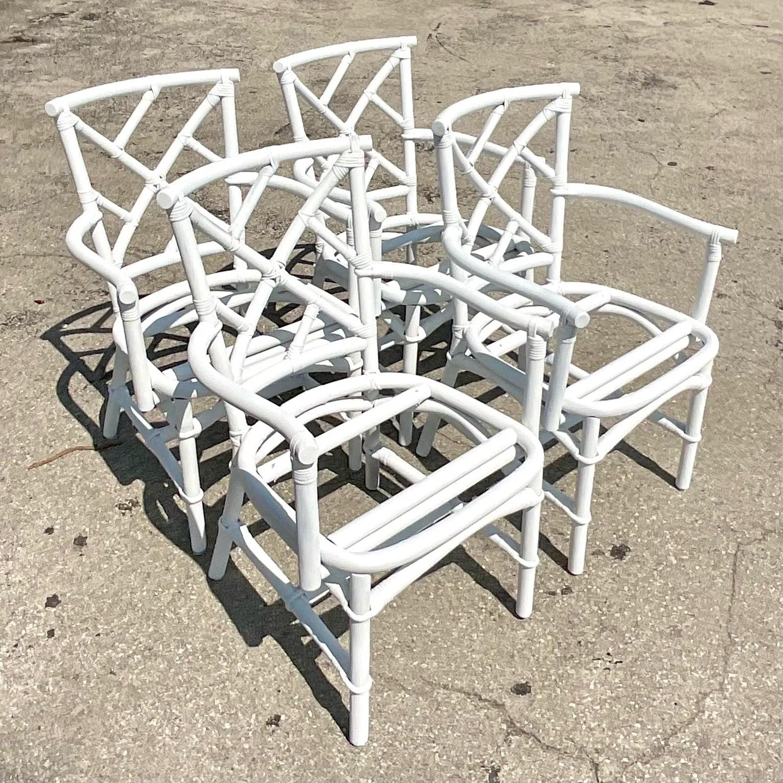 Philippine Vintage Coastal Chinese Chippendale Dining Chairs After Ficks Reed - Set of 4 For Sale