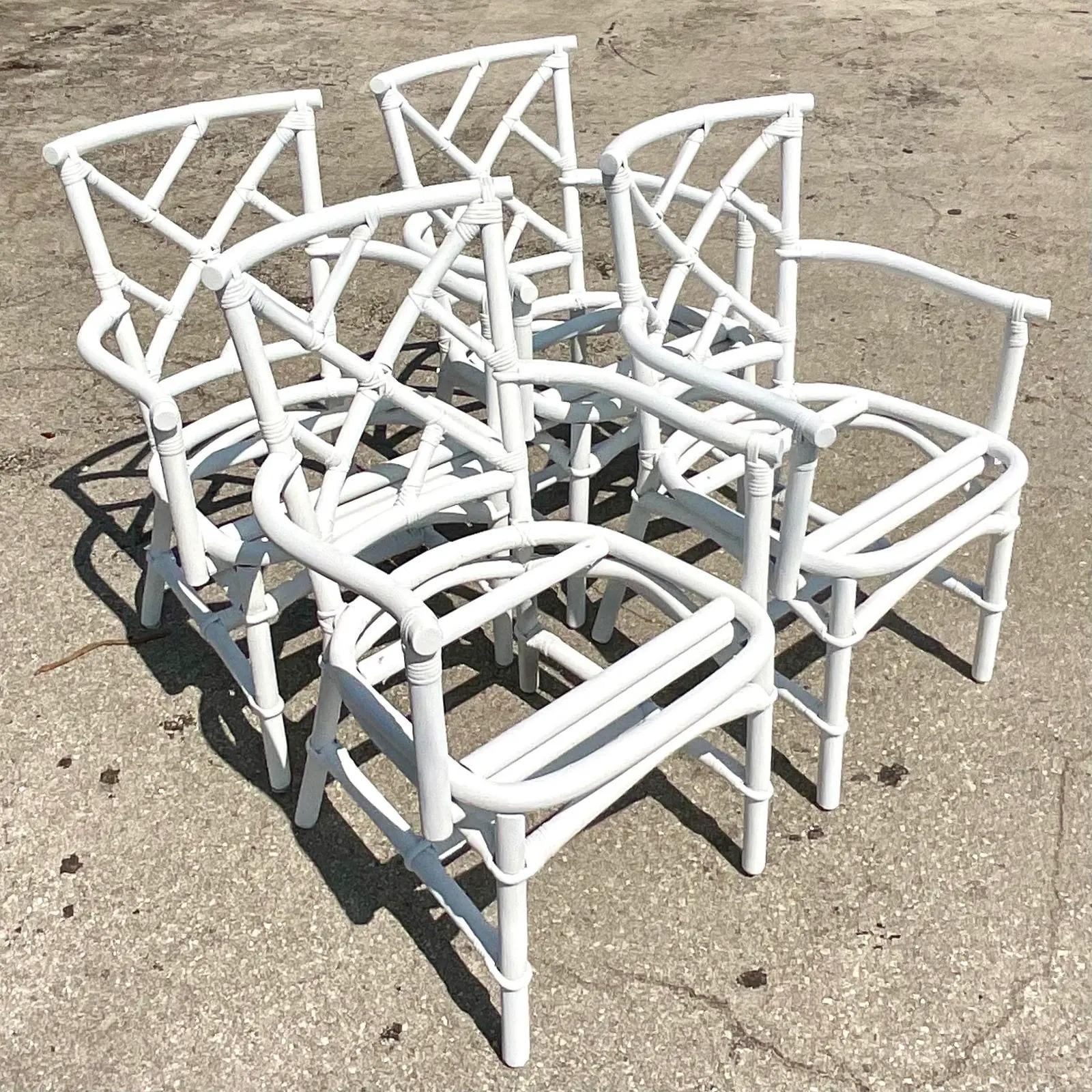 Vintage Coastal Chinese Chippendale Dining Chairs After Ficks Reed - Set of 4 For Sale 1
