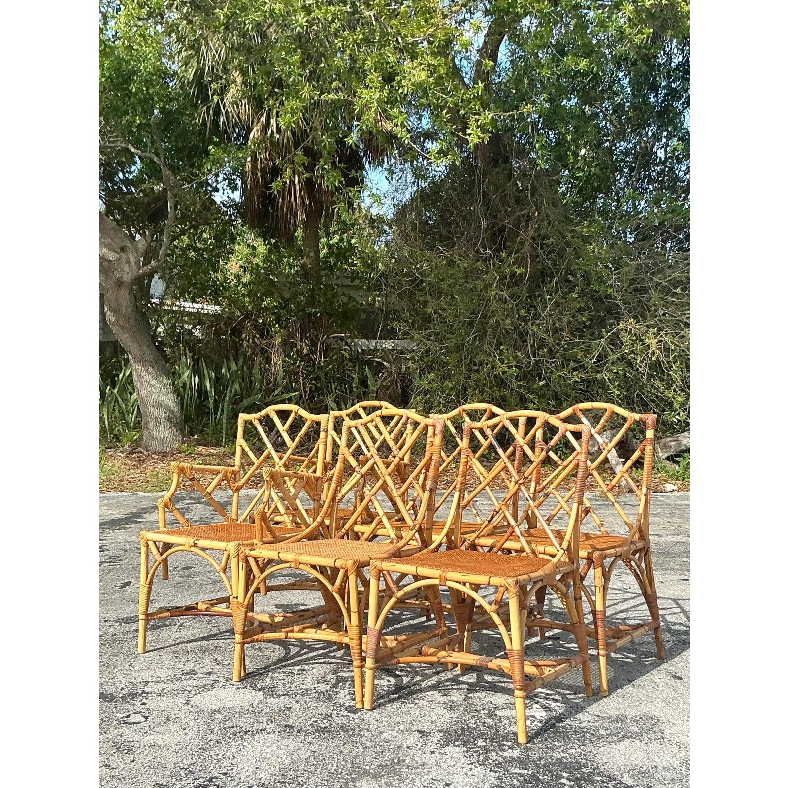 Chinoiserie Vintage Coastal Chinese Chippendale Dining Chairs - Set of 6 For Sale