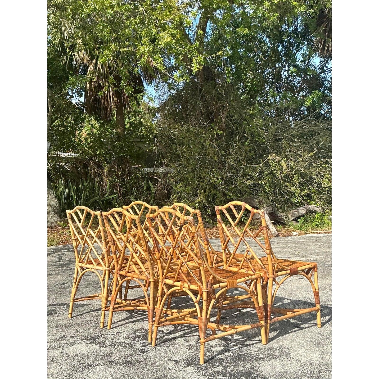 Vintage Coastal Chinese Chippendale Dining Chairs - Set of 6 In Good Condition For Sale In west palm beach, FL